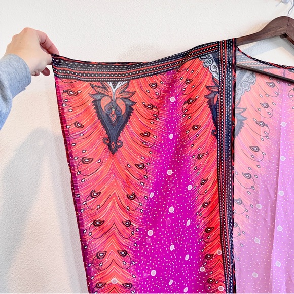 Boho Festival Sheer Kimono Duster Cardigan Red Pink Ombre Paisley XL - Picture 4 of 8